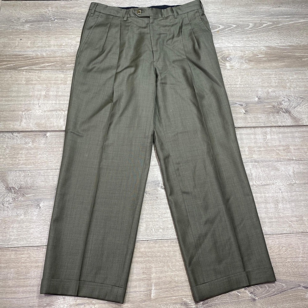 Lubiam Dress Pants Mens 34x29 Green‎ Pleated Cuffed Trousers Formal Made Italy